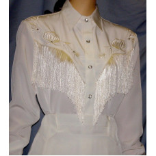 Long Sleeve Bridal Blouse, White with Off-White Fringe